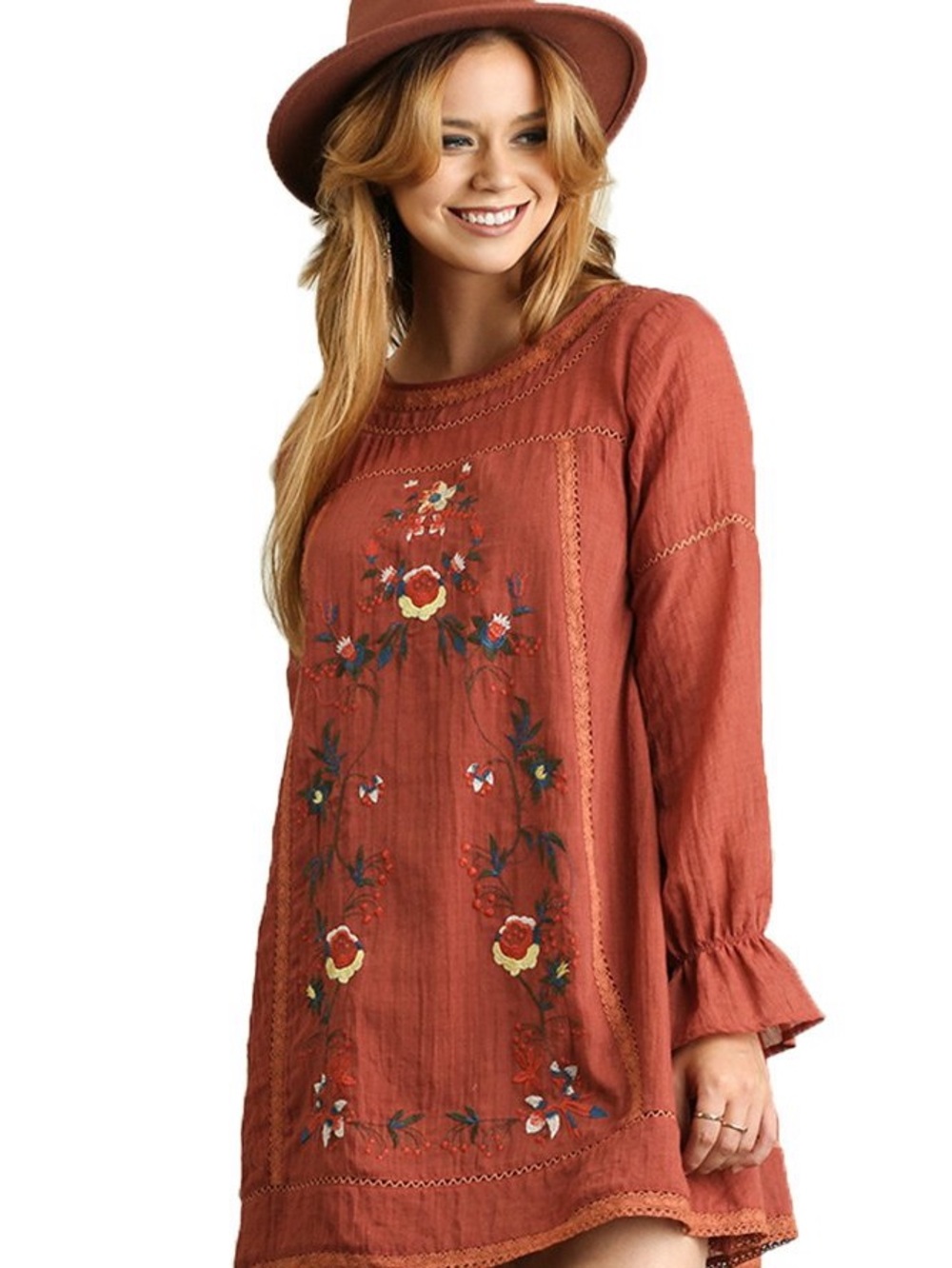 Altar’d State Women’s Rust Embroidered Long Sleeve Tunic Dress